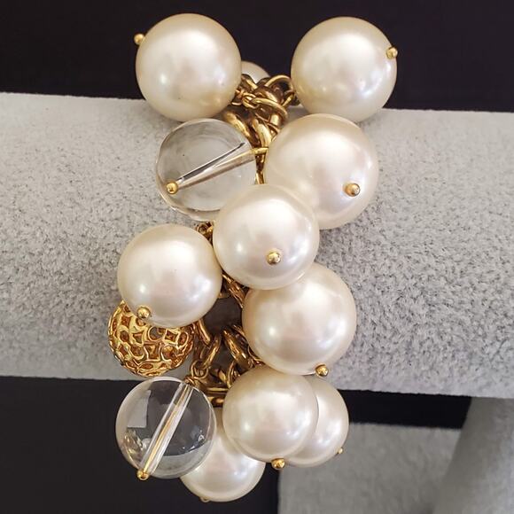Coach Miranda Cluster Bracelet Faux Pearl Signature C Gold Tone Clear Baubles - Picture 2 of 5